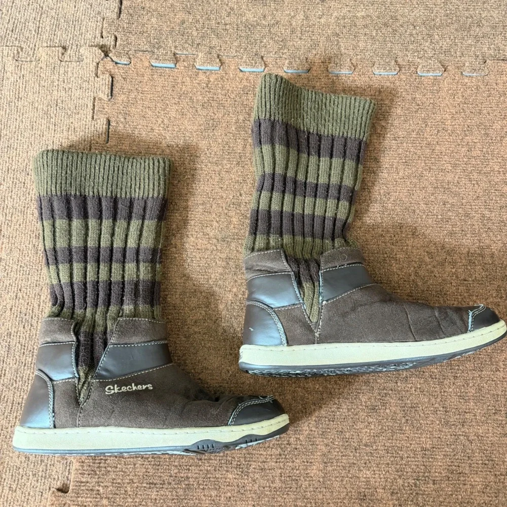 Skechers SN 37040 Womens Brown Suede Knit Sweater Cuff Mid Calf Boots Size 9.5